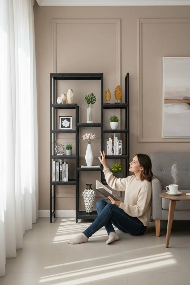 12 Raflı Metal İskeletli Kitaplık Çok Amaçlı Aksesuar Rafı Düzenleyici Raf